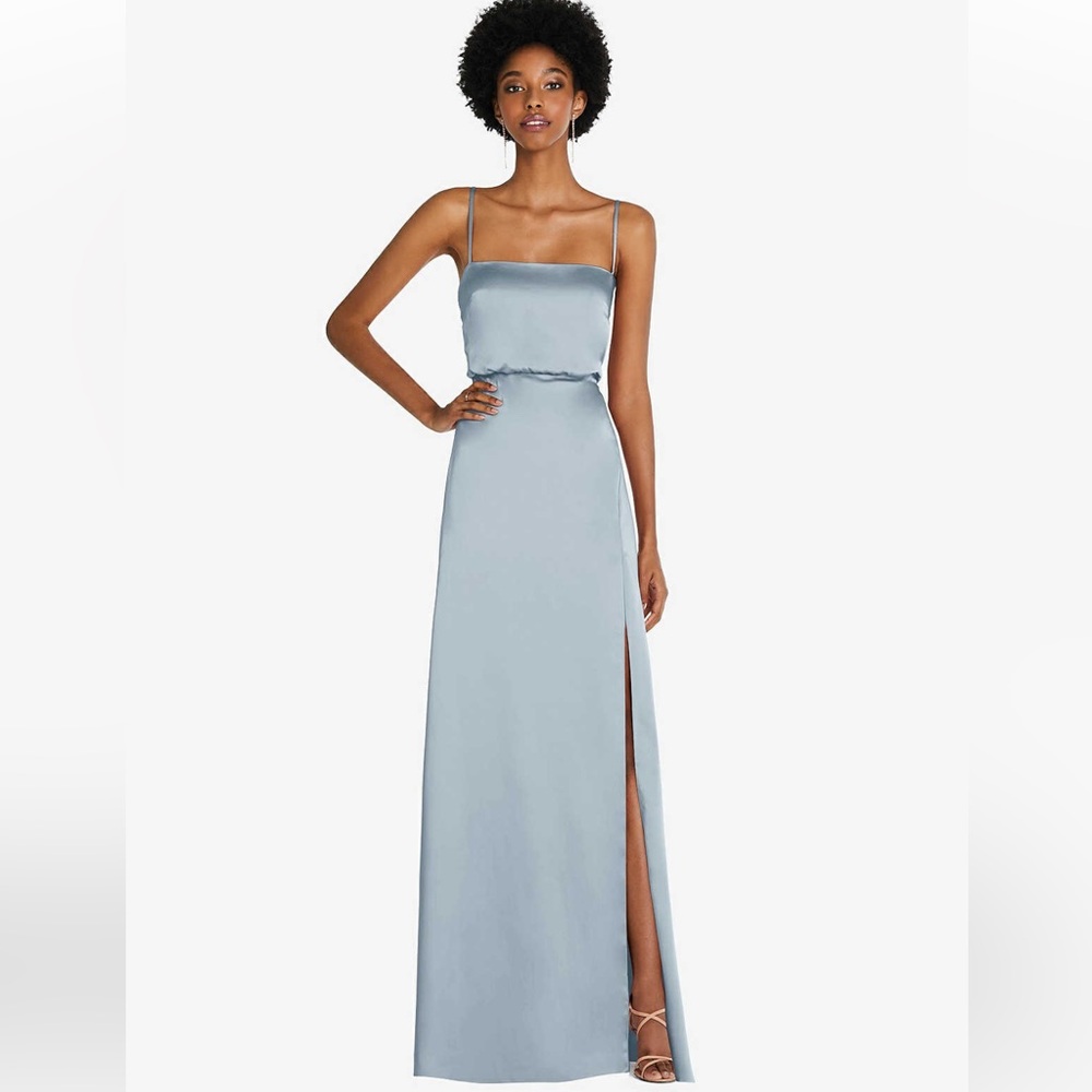 Dessy Group Low Tie-Back Maxi Dress with Adjustable Skinny Straps in Mist. XS.